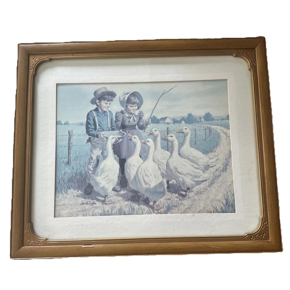 Vintage 1987 Arthur Sarnoff Print "Feeding Time" 19x16 Little Girl With Geese